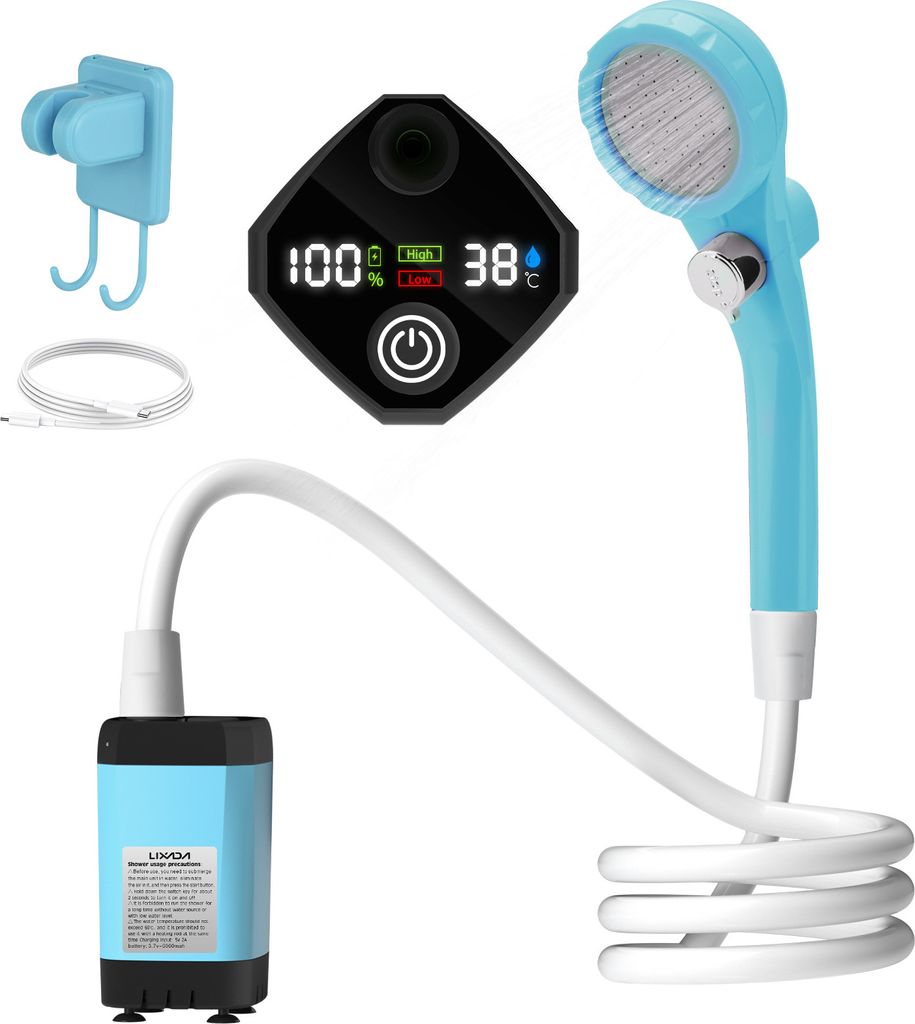 Campingdusche Tragbare, Camping Dusche mit mit Pumpe und Temperaturanzeige, Camping Dusche Outdoor Set mit Duschkopf für Garten, Autowaschen, Strand,
