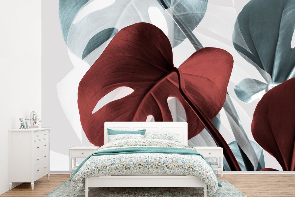 MuchoWow Fototapete für Wohnzimmer oder Schlafzimmer Wandtapete Vinyl Motivtapete Monstera - Rot - Pastell - Stilleben - 525x350 cm - Das Hinter...