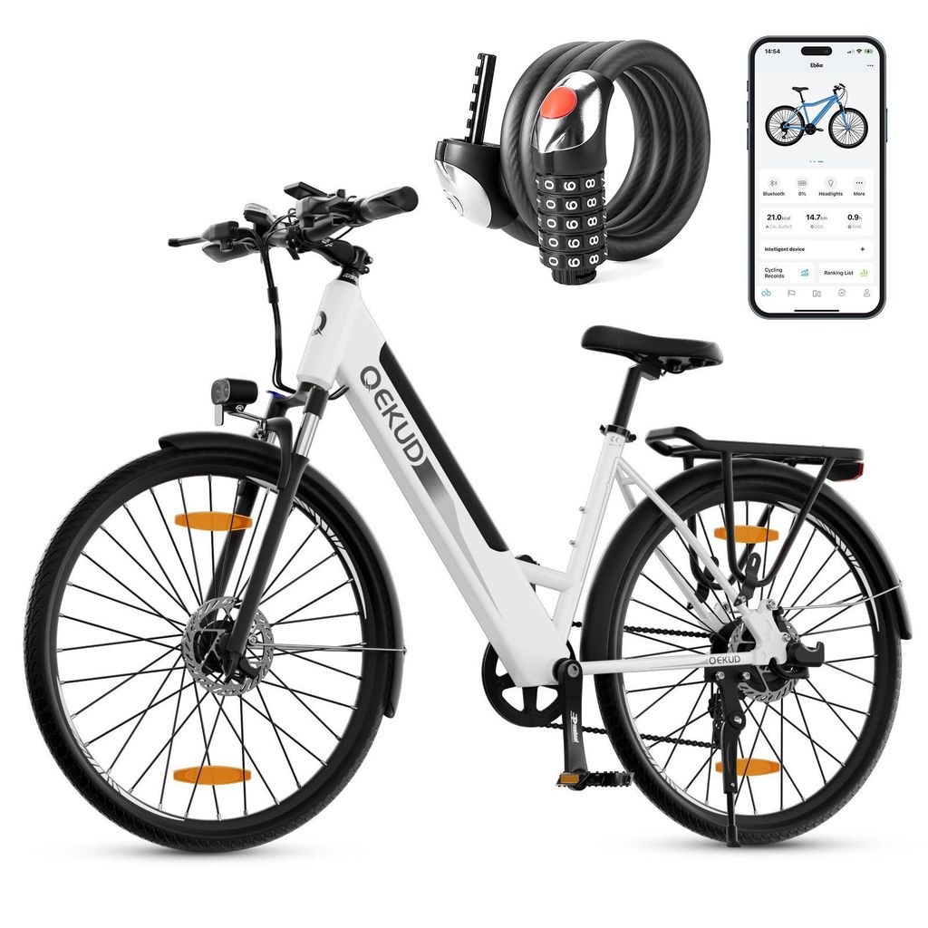 Qekud F26 pro 26-Zoll MTB Trekking E-Bikes 250W Motor mit APP 21-Gang City E-Bike Weiß mit APP