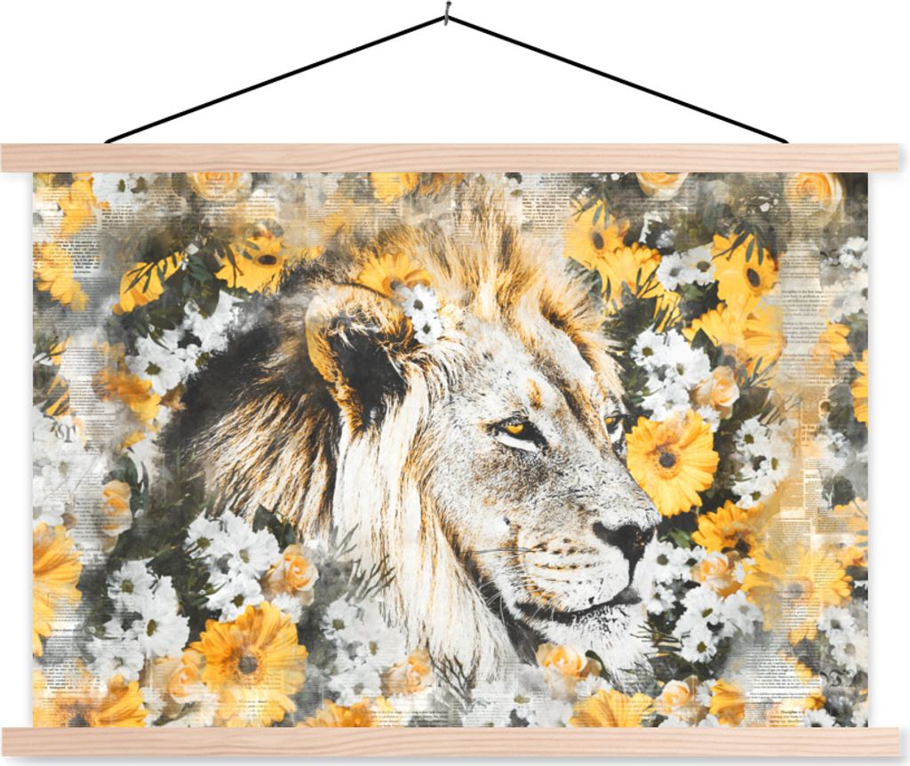 MuchoWow Textilposter Löwe - Blumen - Schwarz - Weiß 120x80 cm mit holzfarbenen Rahmen - Aufhängeset