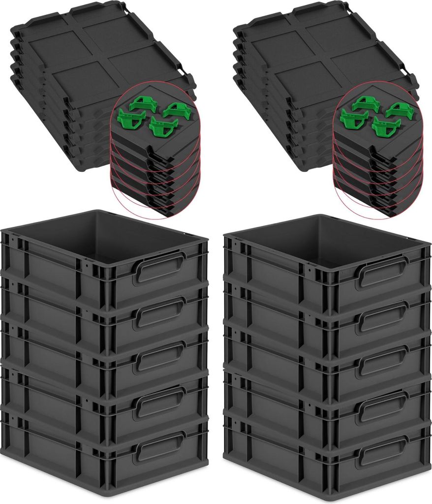SparSet 10x Eurobox NextGen Grip mit Auflagedeckel inkl. 4 grünen Schiebeschnappverschlüssen | HxBxT 12x30x40cm | 11 Liter | Schwarz | Griffe ges...