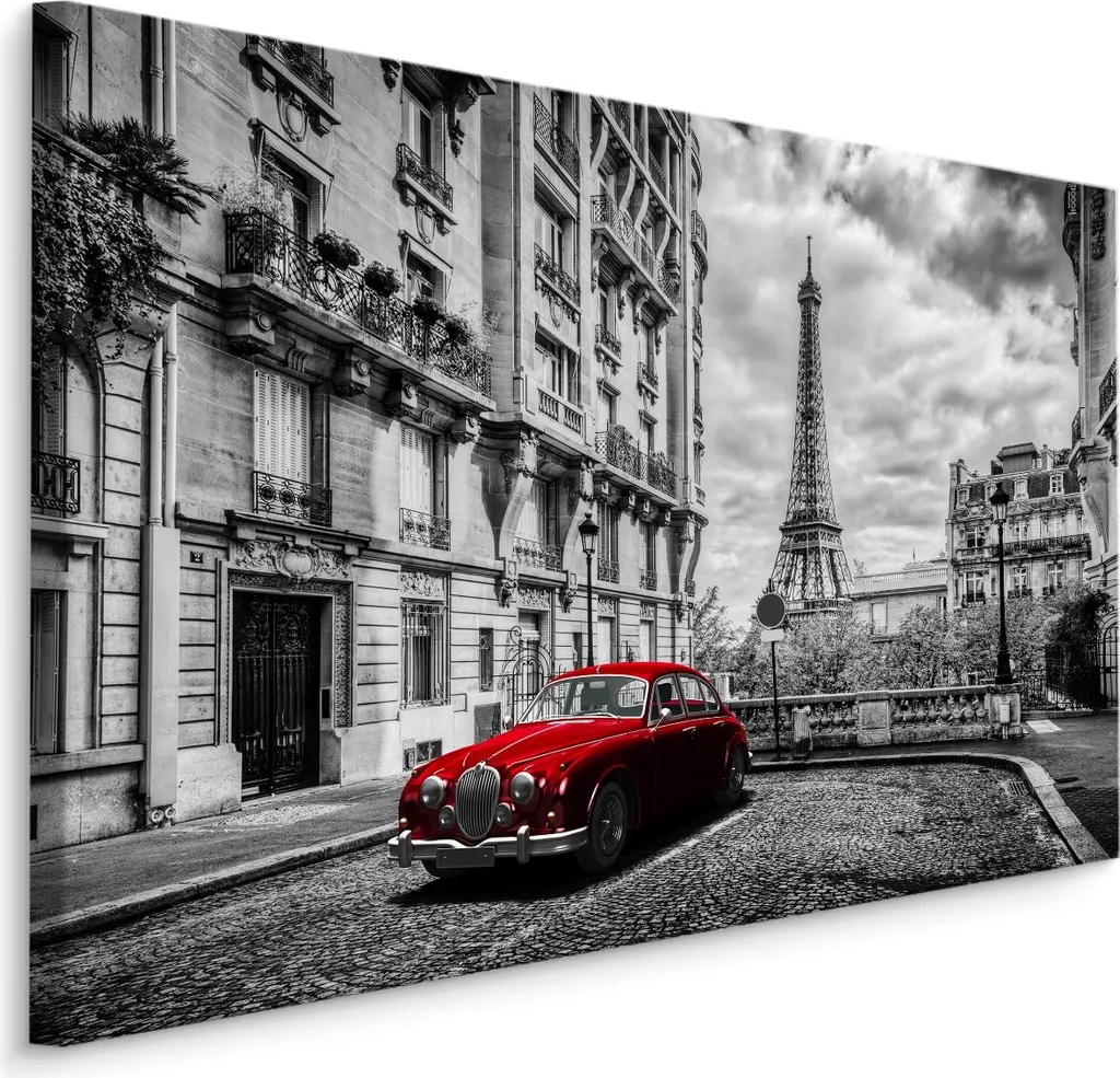 Quadro su Tela XXL 120x80 Parigi Vintage Torre Eiffel e Auto Retrò
