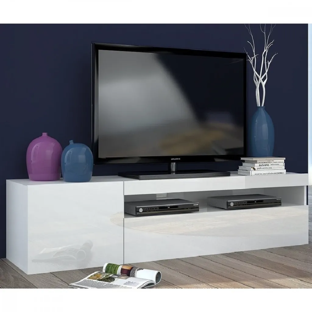 Meuble TV moderne pour salon blanc 155 cm PLANETA, rangement 2 portes