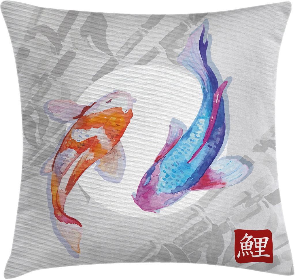 ABAKUHAUS Koifisch Kissenbezug, Aquarell-Art-Koi-Fisch-Paar-Design mit Grunge Brushstrokes basierte Farbe, 50 x 50 cm, Orange Blau