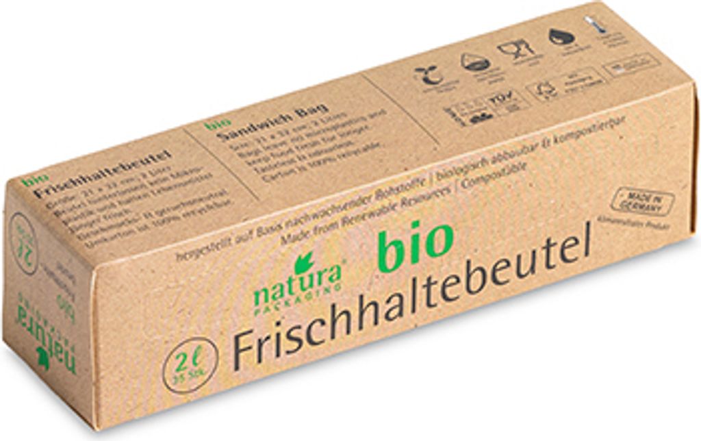 840 "Naturapackaging" Frischhaltebeutel Mater-Bi 2 l 21 cm x 32 cm in Faltschachtel