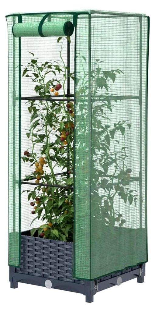 Hochbeet mit Gewächshausabdeckung in Rattan-Optik, 40 x 40 x 123 cm