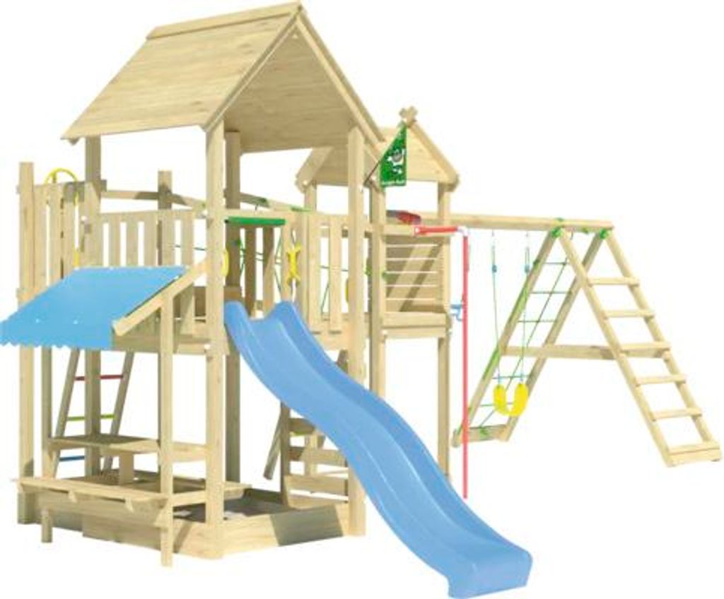 Doppelschaukel Spielhaus mit Stelzen Jungle Gym 652 x 464 cm Holz braun