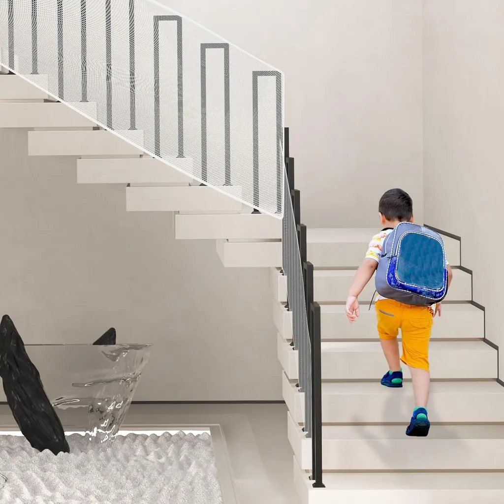 JNGLGO Rete di sicurezza per bambini, rete di sicurezza per scale di balconi per bambini, 200Lx90H cm Rete di sicurezza per scale rialzata e durevole Rete di protezione per scale di ringhiera per bambini, animali domestici, bianco, nero - 8