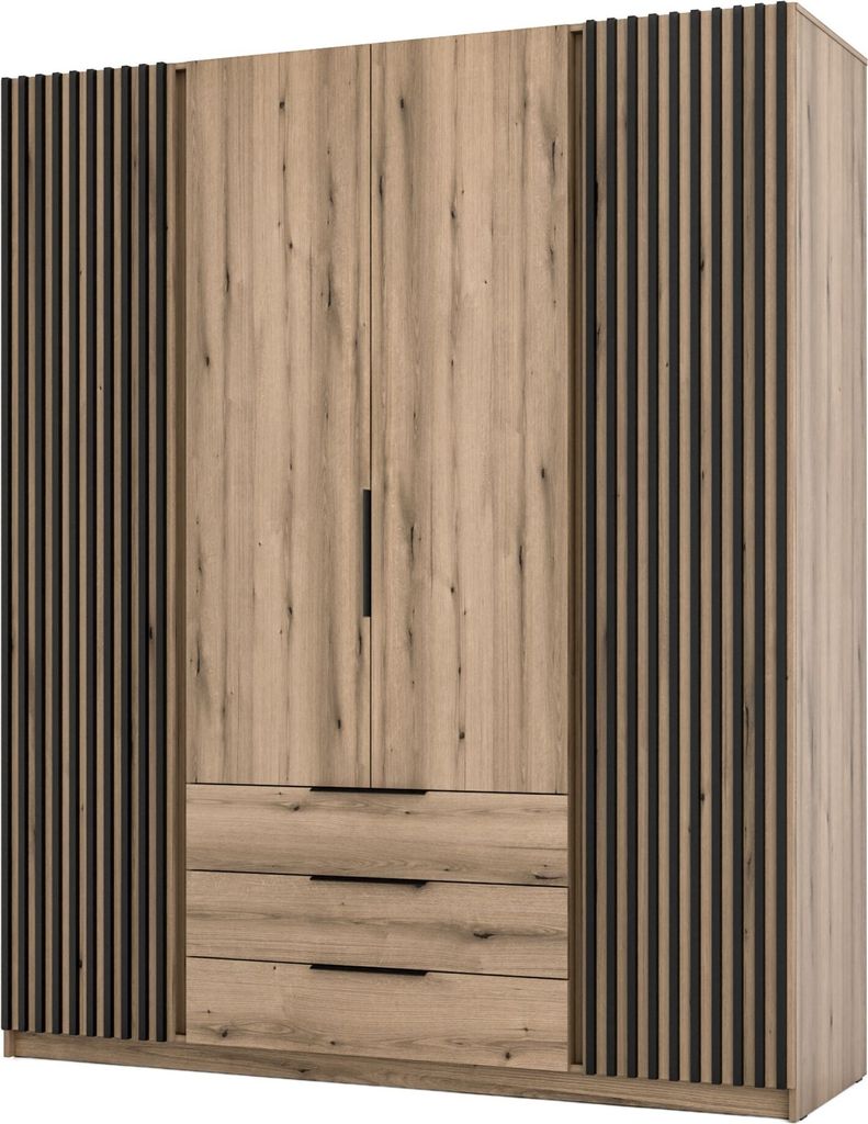 Selsey Kaja - Kleiderschrank 4-türig mit Lamellen & 3 Schubladen, 200 cm, Eiche Evoke