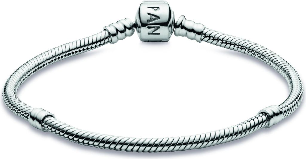 A silver Pandora bracelet with a clasp featuring the Pandora logo.