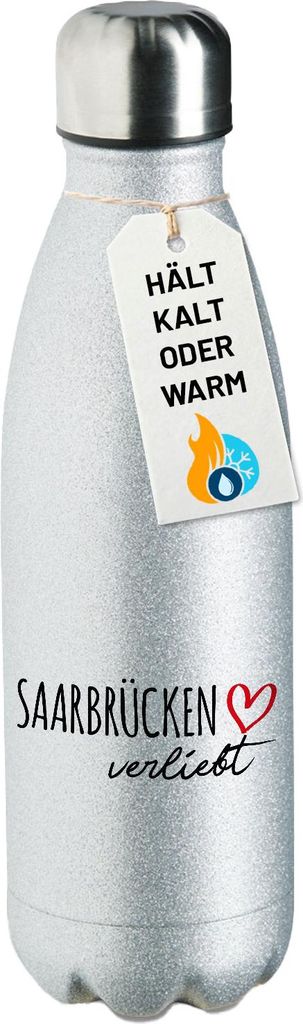 Huuraa Trinkflasche Saarbrücken verliebt 500ml Silver Edelstahl Wasserflasche Trinkflasche Geschenkidee