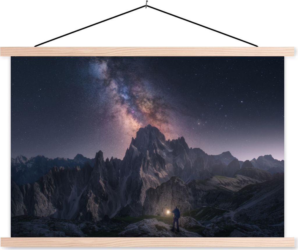 MuchoWow Textilposter Dolomiten - Berge - Sternenhimmel 120x80 cm mit holzfarbenen Rahmen - Aufhängeset