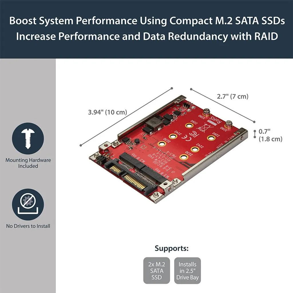 Adaptateur RAID Matériel pour 2 SSD M.2 - Interface SATA 6Gb/s - ASM1092R - 4