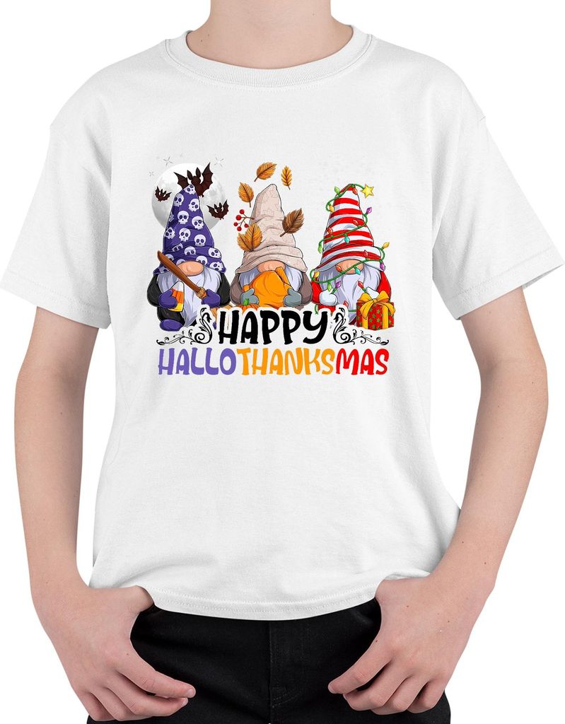 Happy Hallothanksmas Gnomes Halloween Thanksgiving Christmas Uni Kinder T-Shirt, Weiß, 152