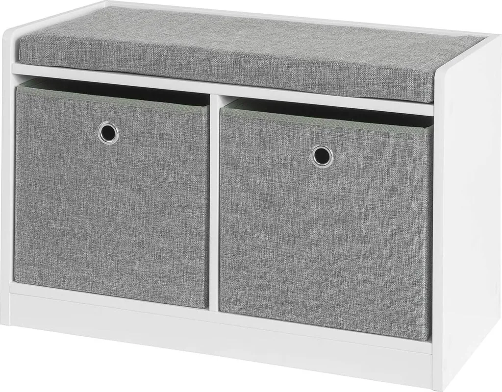 SoBuy Panca per scarpe Armadio per scarpe Portaoggetti con cuscino di seduta Bianco con grigio - 2 cassetti - LxH 68x32x45 cm