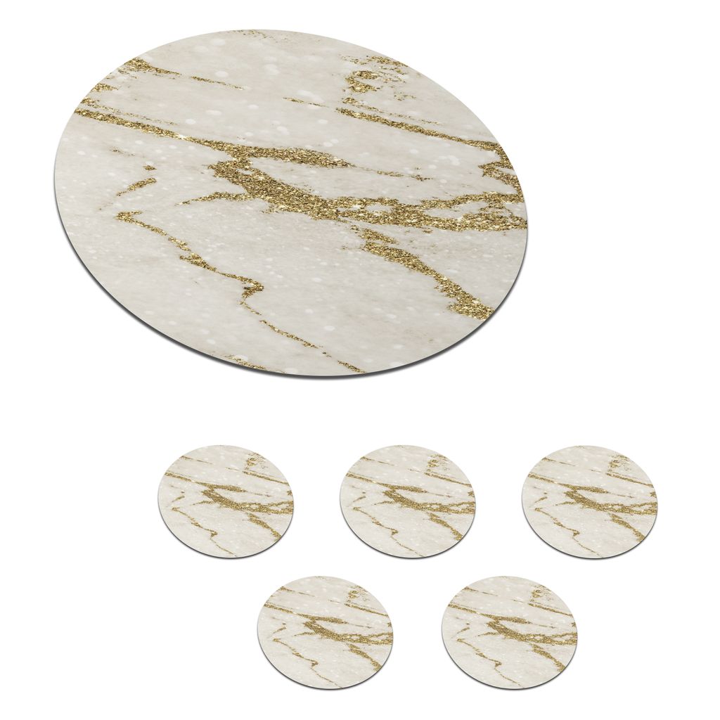 KitchenYeah Glasuntersetzer Rund 6er Set Marmor - Beige - Gold 10x10 cm Untersetzer für Gläser - Getränkeuntersetzer - Tischplattenschutz - T...