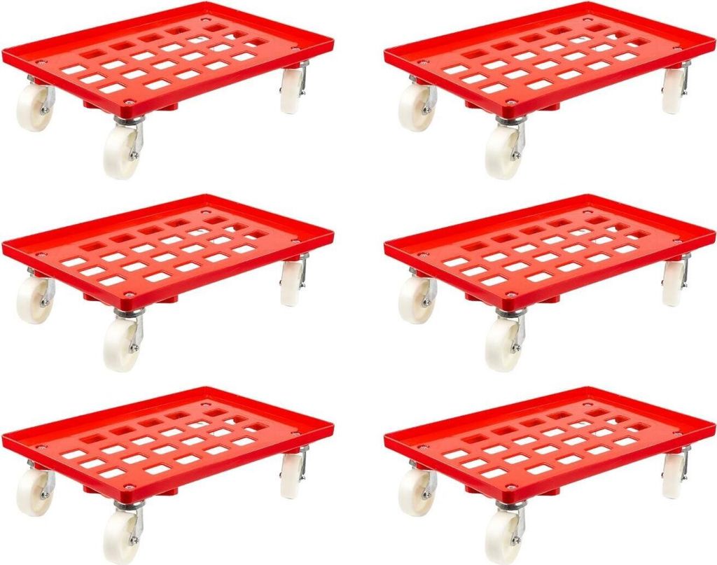 SparSet 6x Transportroller für Euroboxen 60x40cm mit Kunststoffräder rot | Gitter/Rasterdeck | 2 Lenkrollen & 2 Bockrollen | Traglast 300kg | Kis...