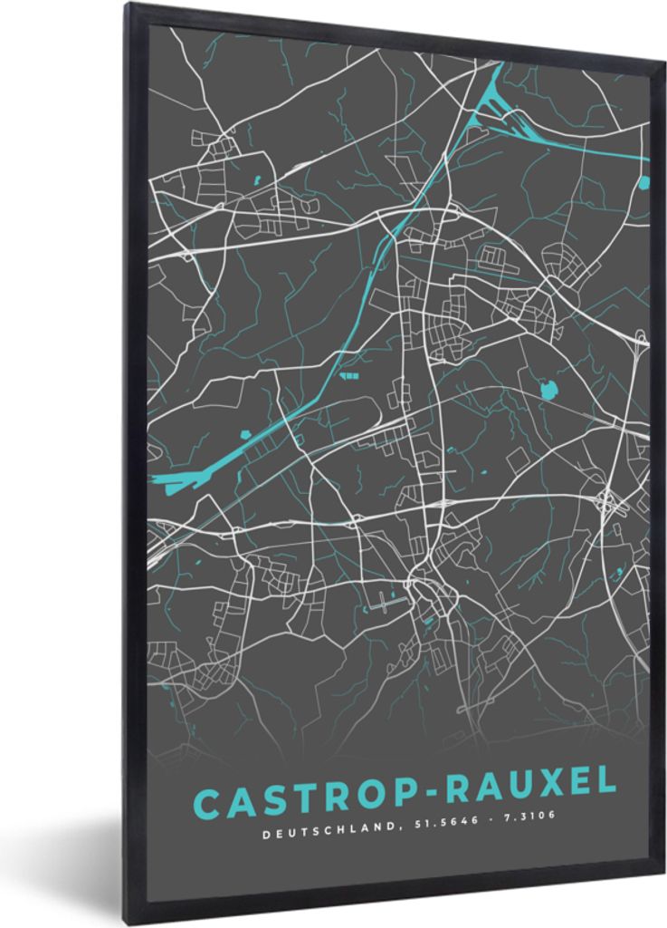 MuchoWow Gerahmtes Poster Castrop Rauxel - Stadtplan - Blau - Karte - Deutschland 60x90 cm - Poster mit Schwarzem Bilderrahmen Wandposter Rahmen ...