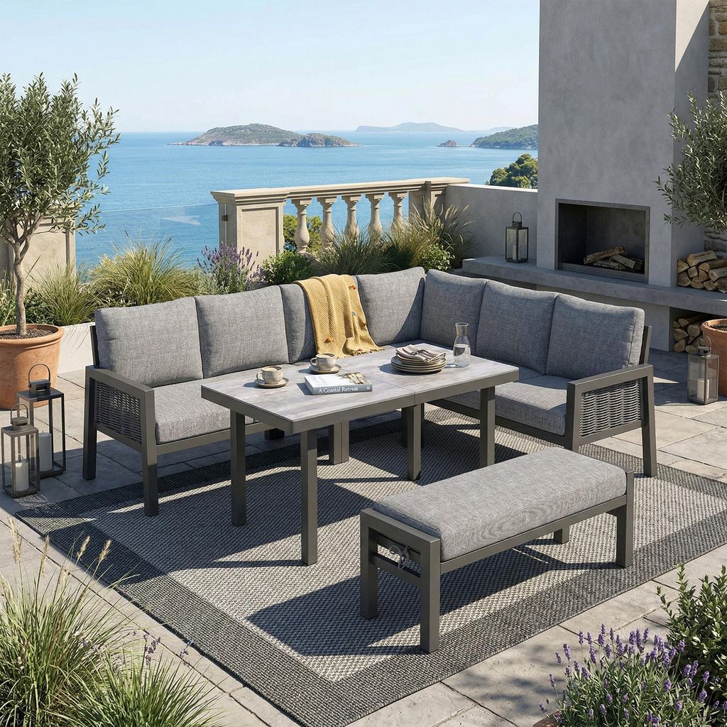 MODFU Outdoor-Loungesofa Gartensofa mit Handgeflochtene Armlehnen Gartenmöbel-Set Beinhaltet Esstische und Bänke Sofas Verzinktes Eisen 8 Persone...