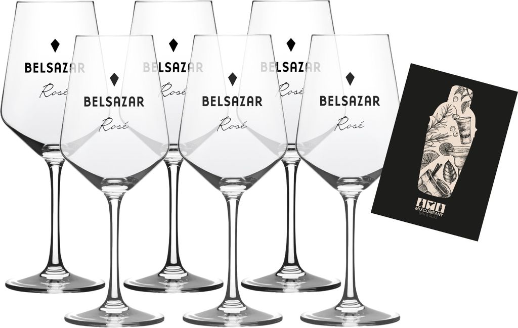 6er Set Belsazar Rose Weinglas 6x Rose Weinglas geeicht, Glas mit Druck / Weinglas Klar, mit 5 cl Eichung