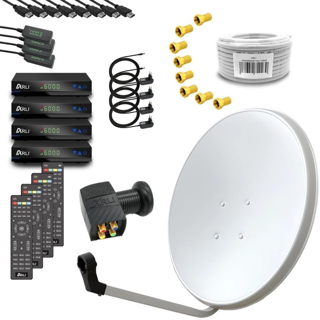 ARLI HD Sat Anlage 60 cm Weiß Komplettset 4x Receiver + Quad LNB + 100 m Kabel + F-Stecker für 4 Teilnehmer DVB-S2