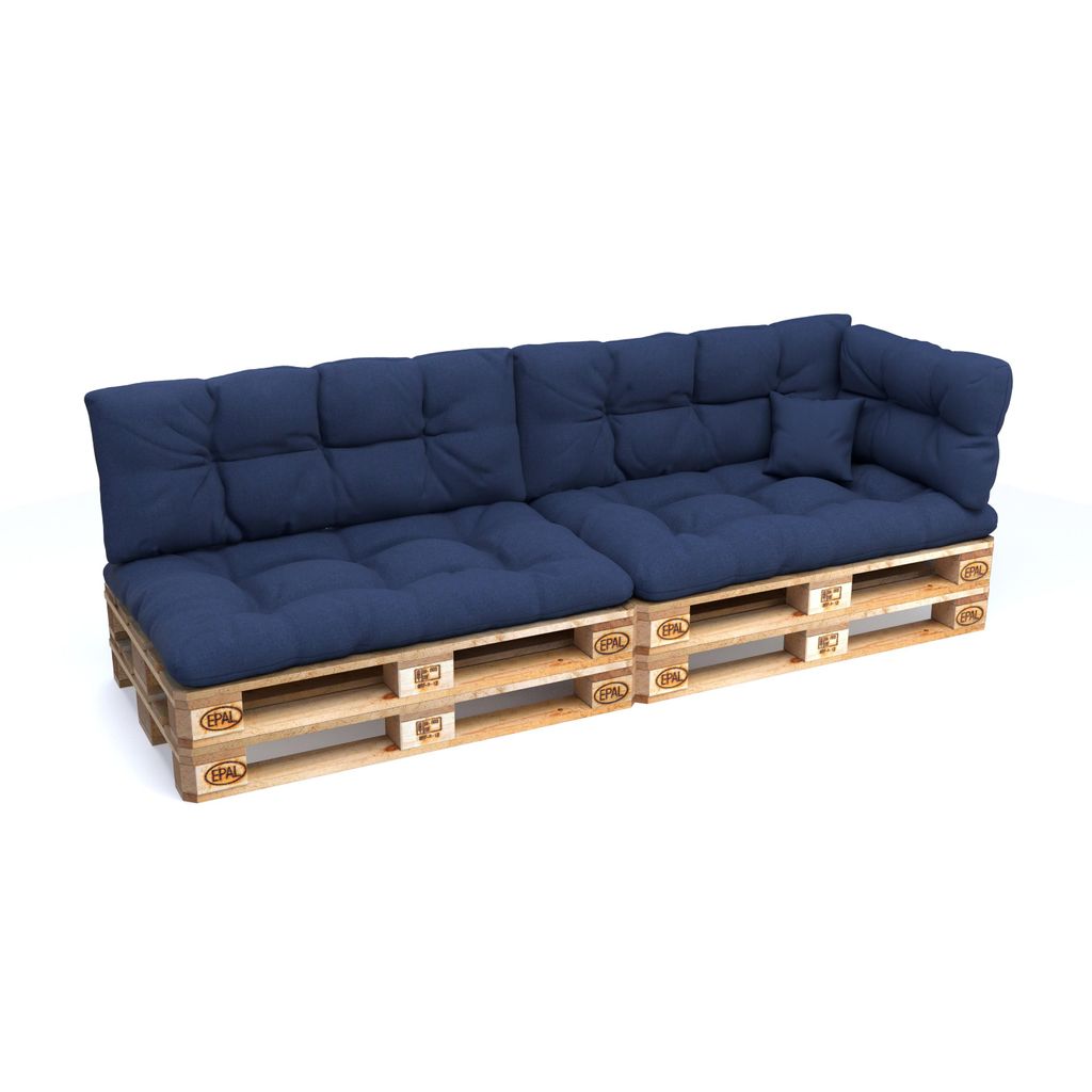 A dark blue pallet sofa with cushions, shown against a white background.