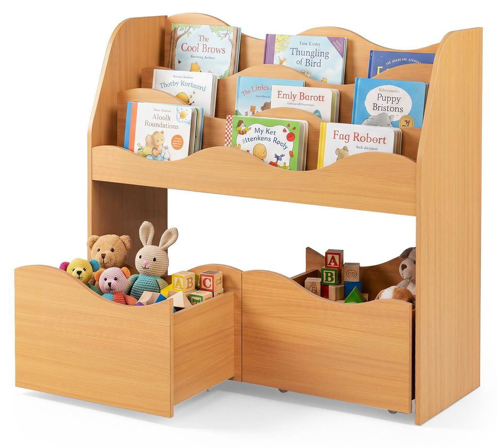 COSTWAY Kinderregal mit 2 Boxen auf Rollen, Bücherregal Produktbild 
