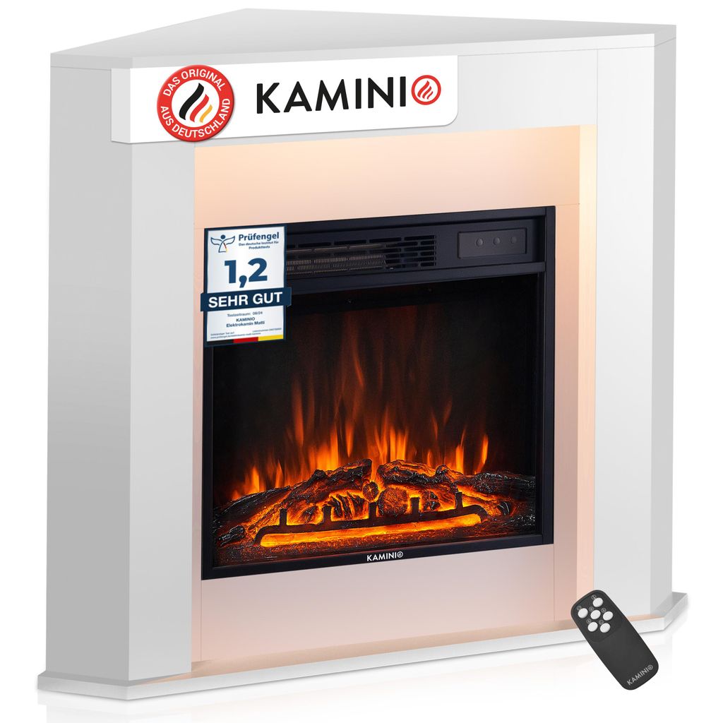KAMINIO Elektrokamin MATTI - Elektrischer Eckkamin mit Heizung, 3D-Flammeneffekt, LED-Ambientelicht, Fernbedienung - Ecke, Weiß