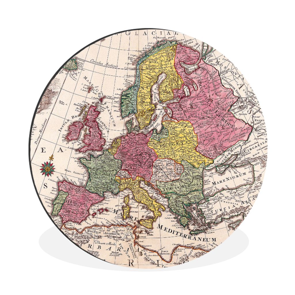 MuchoWow Aluminium Wandkreis Europa - Karte - Kontinent - Vintage Ø 60 cm Wanddeko Modern Wohnzimmer - Wand Kreis - Wandbild - Schlafzimmer - Al...