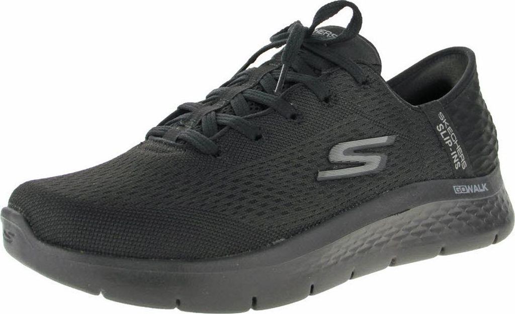 A black Skechers Slip-Ins Go Walk sneaker is shown from a side-front angle on a white background.