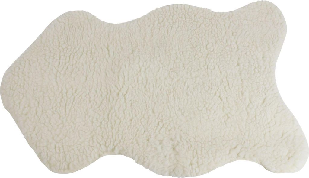 A single, irregularly shaped, beige faux sheepskin rug is shown against a white background.