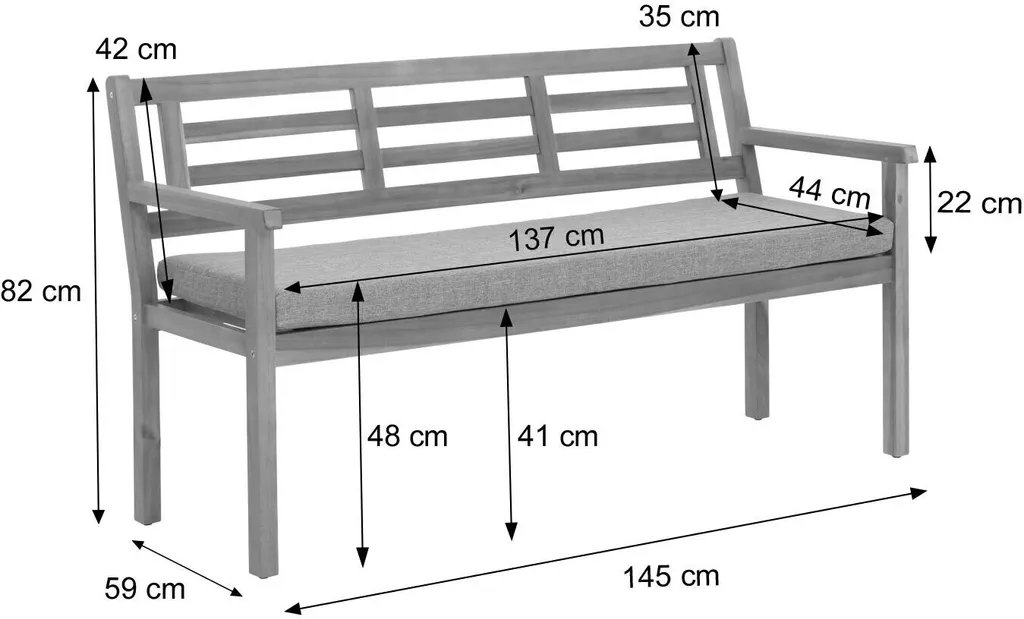 Banc de jardin HWC-N47 en bois massif d'acacia avec coussin gris MVG - 10