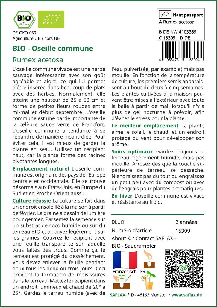 Graines D'Oseille - Environ 400 Graines - Rumex, Comestible - Plein Soleil - Printemps/Été