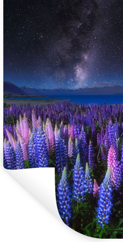 MuchoWow Wandtattoo Wandsticker Wandaufkleber Blumen - Nacht - Lupine - Sternenhimmel - Lila - Natur 80x160 cm Selbstklebend und Repositionierbar...