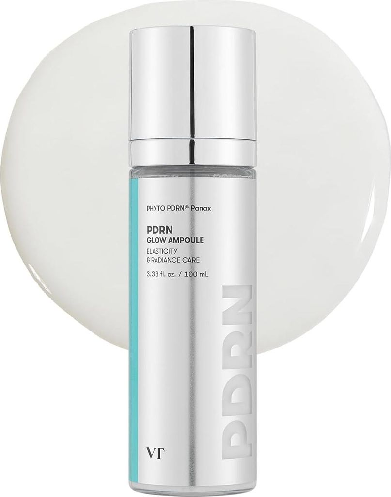 A product shot of a skincare ampoule bottle on a white and light gray background.
