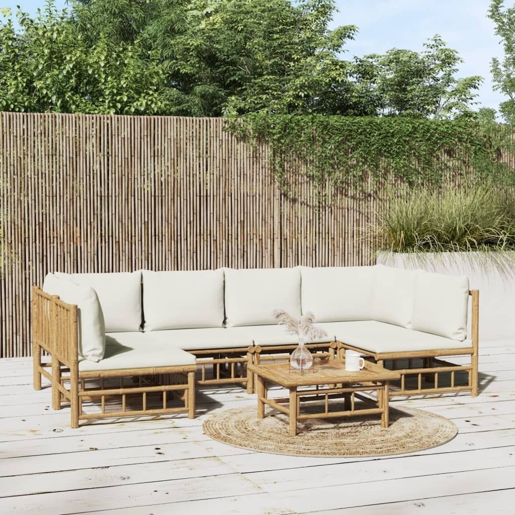 "2026 Promotion" 7-tlg. Garten-Lounge-Set - Sitzgruppe - mit Cremeweißen Kissen - Bambus - Gartenmöbelset CC9215