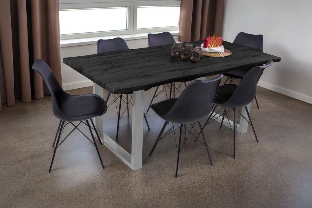 Esstisch Baumkante Holz-Optik Grau 180 x 90 U-Gestell silber JOSY