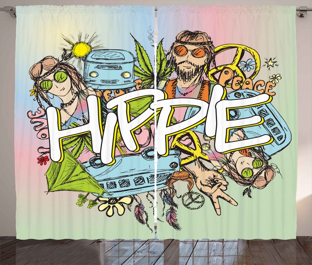ABAKUHAUS Hippie Rustikaler Vorhang, Mann Frau Friedenssymbol, Wohnzimmer Universalband Gardinen mit Schlaufen und Haken, 280 x 225 cm, Mehrfarbig