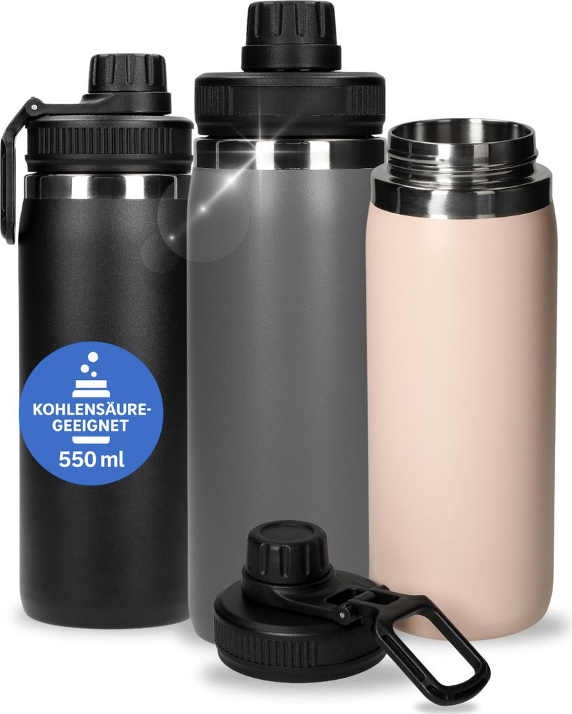 Trinkflasche Edelstahl 550 ml 'Stockholm' - vakuumierte Thermosflasche ist Kohlensäure geeignet - Wasserflasche für Kinder & Erwachsene - grau