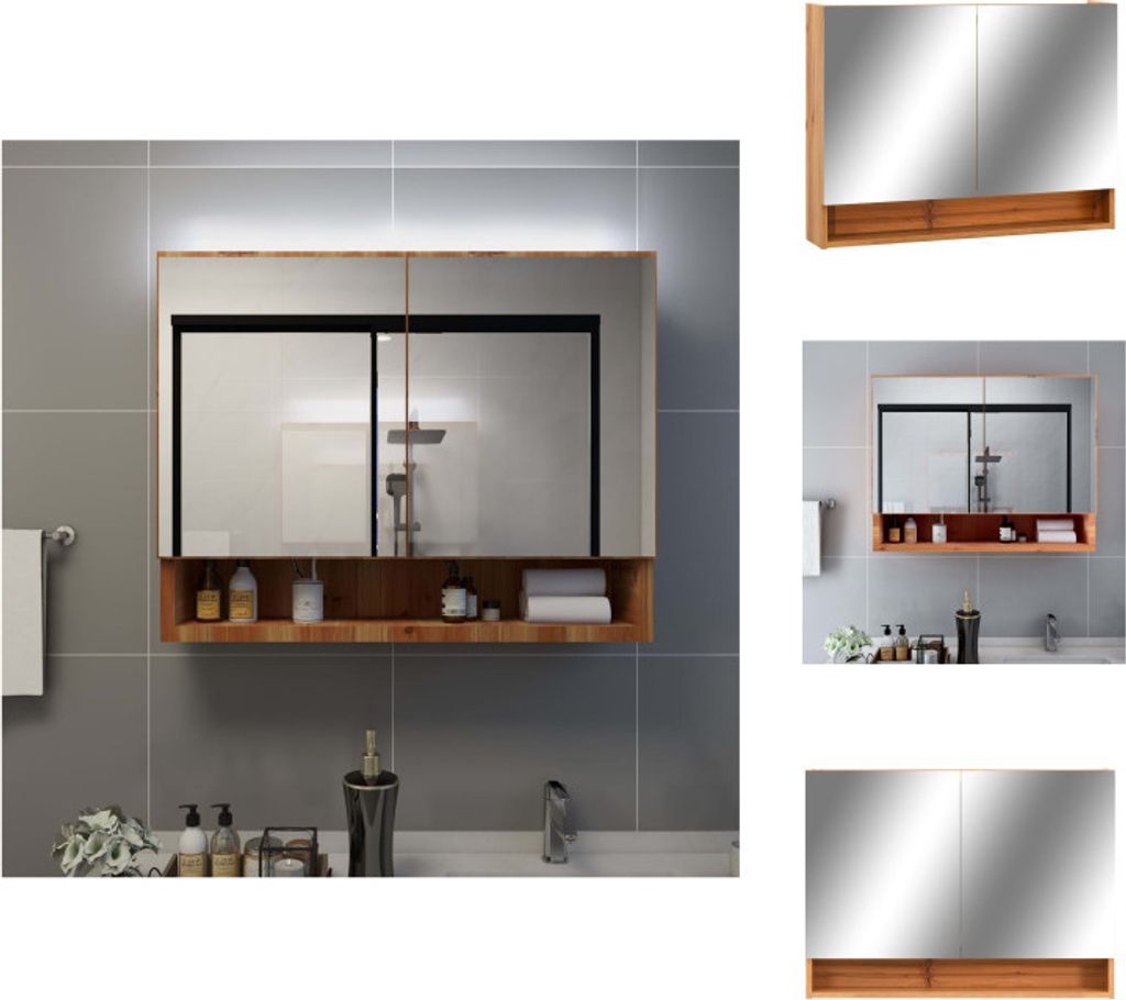 vidaXL LED-Spiegelschrank fürs Bad Eiche 80x15x60 cm MDF - Badezimmerwaschtische