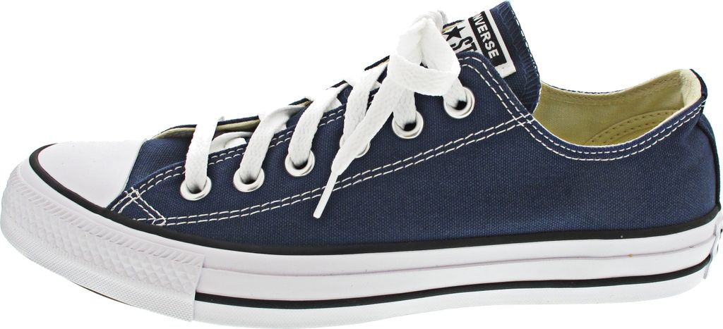 A side view of a blue Converse All Star low-top sneaker with white laces and white sole.