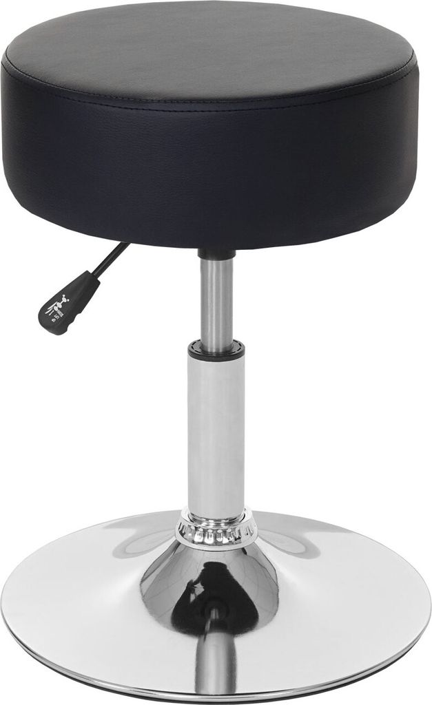 A black, adjustable height stool with a chrome base.