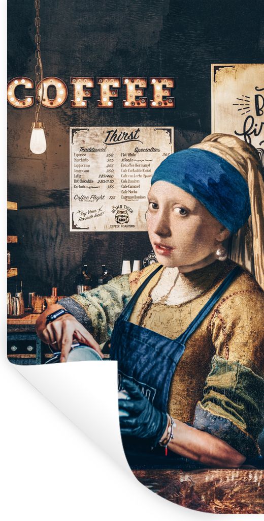 MuchoWow Wandtattoo Wandsticker Wandaufkleber Mädchen mit Perlenohrring - Cappuccino - Barista - Vermeer - Kaffee - Gemälde 80x160 cm Selbstkle...