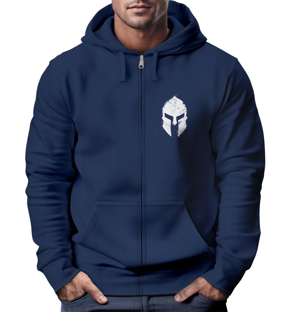 Herren Sweatjacke Kapuze Zip Hoodie mit Print Aufdruck Sparta Helm Fashion Streetstyle Neverless navy M