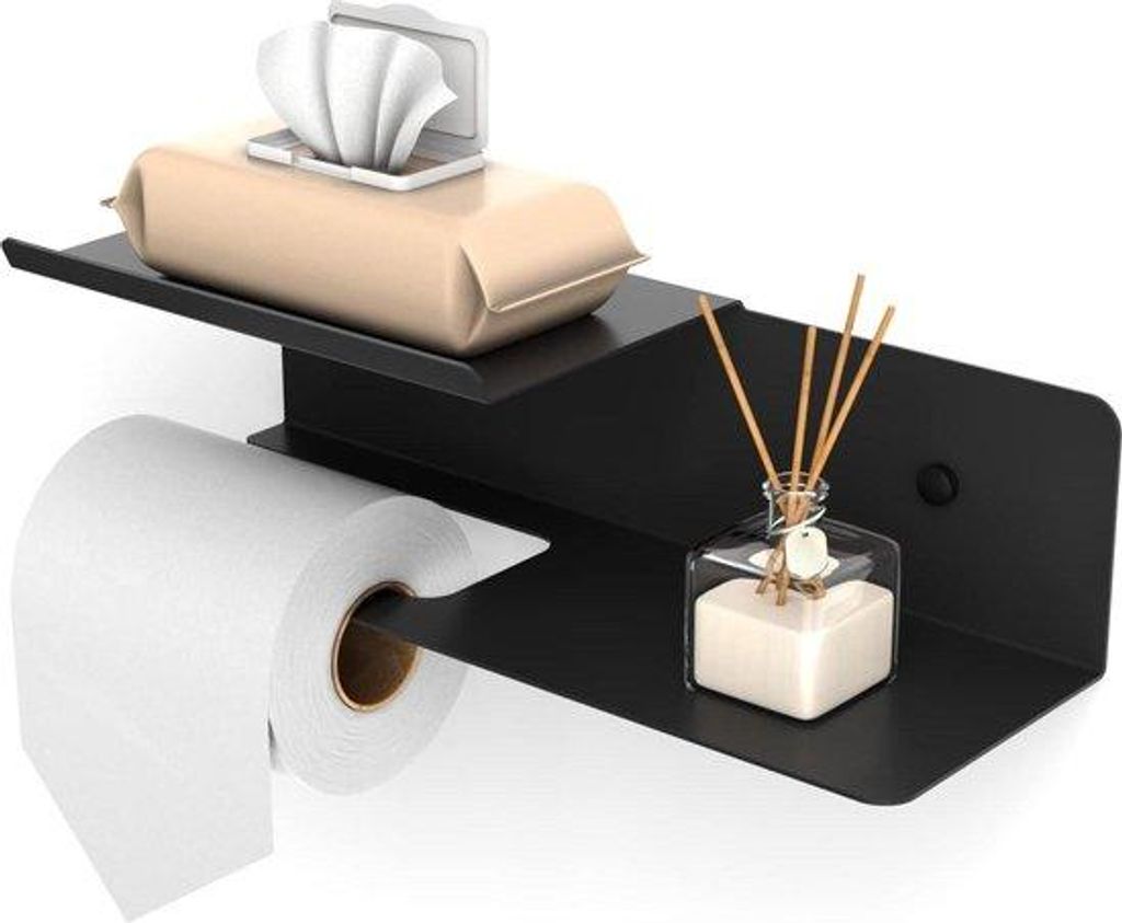 Doppelplatten-WC-Papierhalter - feuchte Tuch-Abstellplatz - 30 x 10 cm - bohren und selbstklebend - Badezimmer Küche schwarz