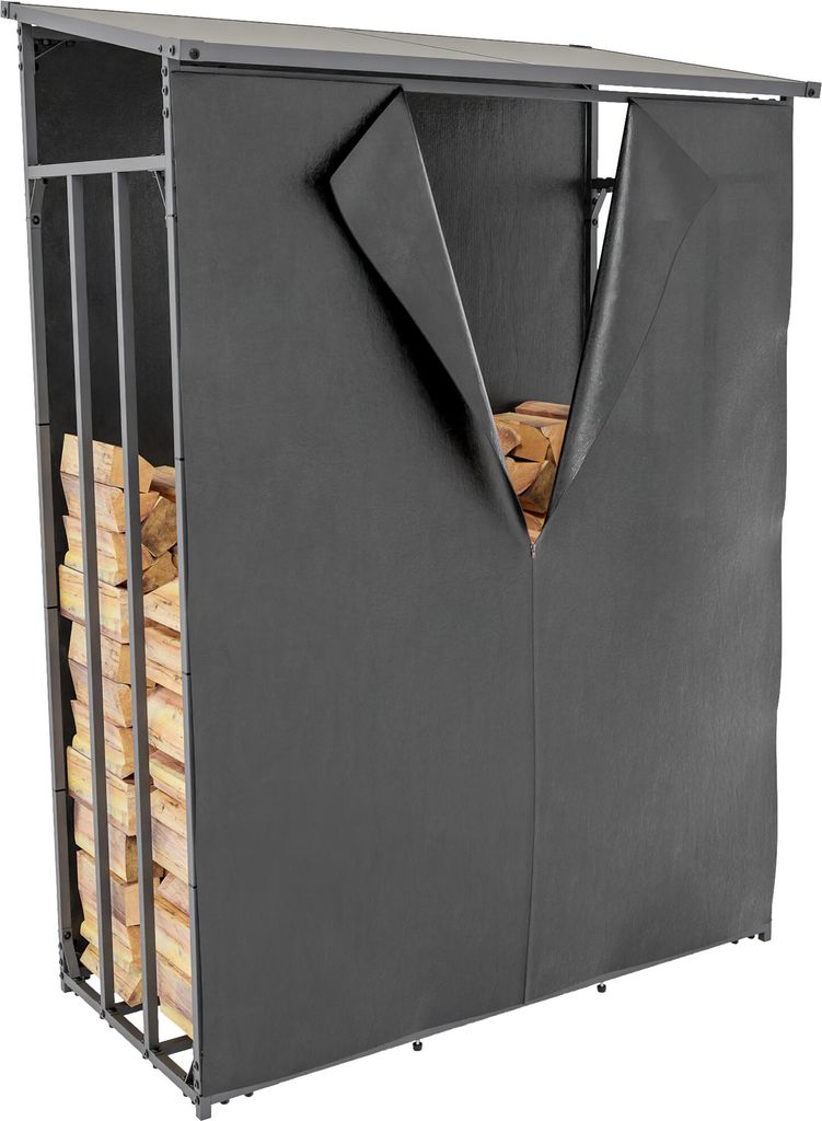 A firewood storage rack with a cover, filled with firewood.