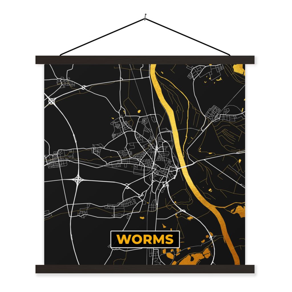 MuchoWow Textilposter Stadtplan - Worms - Gold - Deutschland - Karte 60x60 cm mit schwarzem Rahmen - Posteraufhänger