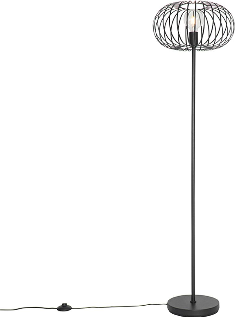 A black wire cage floor lamp with a black pole and base, set against a white background.