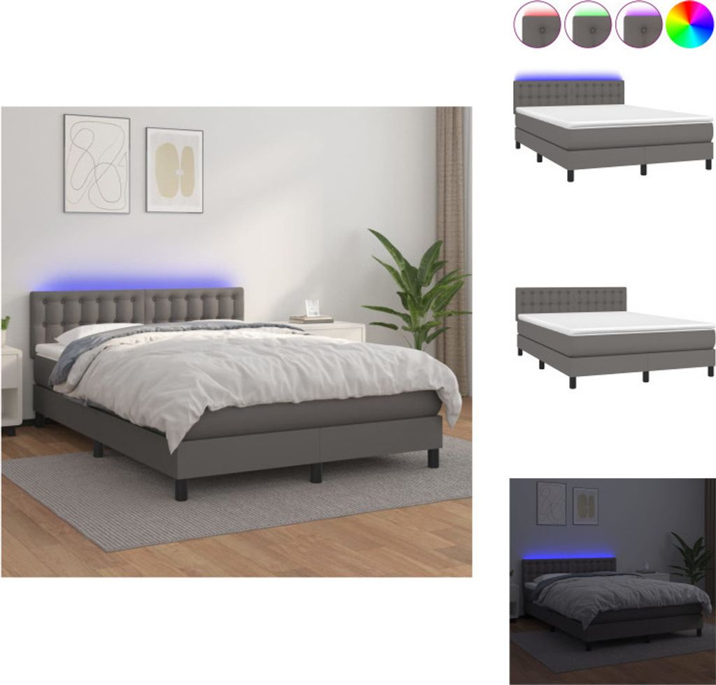 vidaXL Boxspringbett mit Matratze & LED Grau 140x200 cm Kunstleder - Betten & Bettgestelle