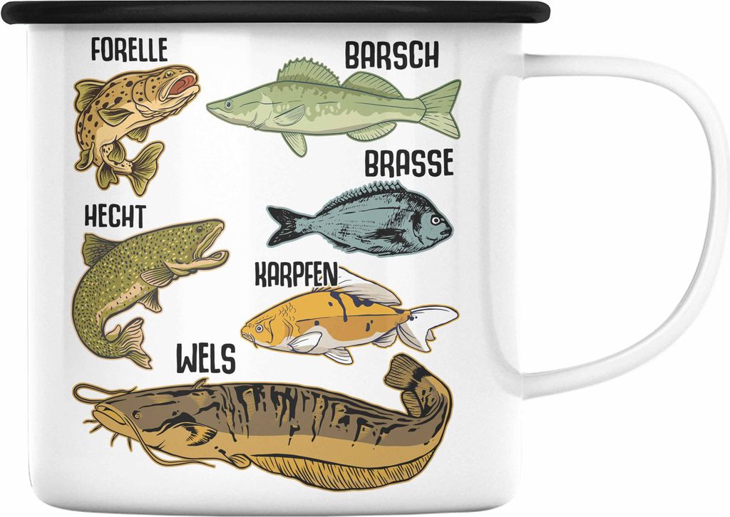 Trendation - Angler Fischer Emaille Tasse mit Fischarten Geschenk Raubfische Hobbyangler Hecht Forelle Barsch Angeln Emaille Emaille Tasse (Schwarz)